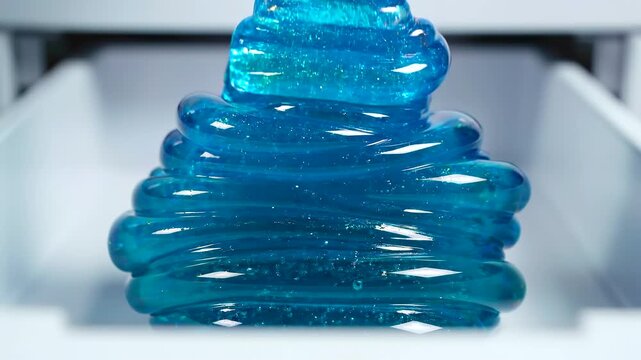 Thick liquid laundry detergent pours into a washing machine drawer in extreme macro view. Glossy blue gel forms smooth layers and bubbles, highlighting texture, cleanliness, and household routine