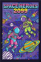Naklejka premium Retro Futurism Space Heroes Poster Colorful Neon Astronauts, Planets, and Comets in 80s Synthwave Style