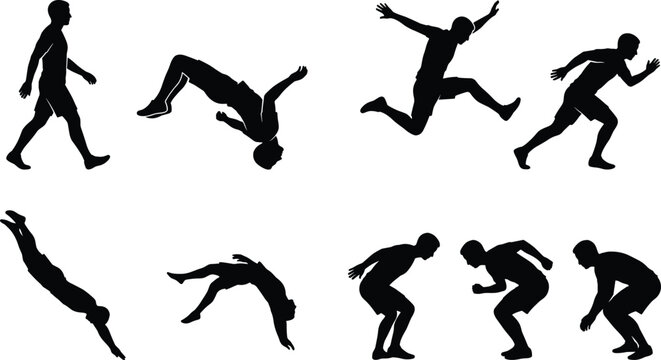 Male action silhouettes set with running jumping falling and squatting poses dynamic sport and fitness vector collection