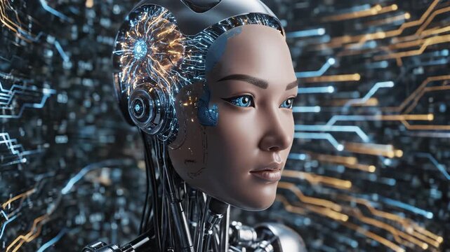 Cyborg face with glowing circuitry symbolizing digital transformation and future innovation