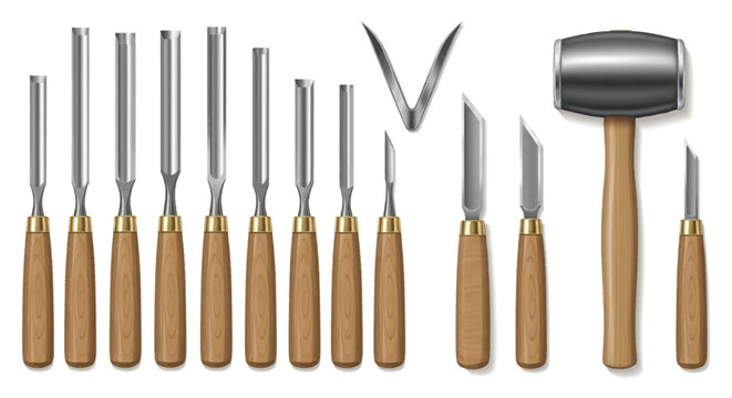 Woodworking chisels and mallet set with wooden handles, featuring various blade types