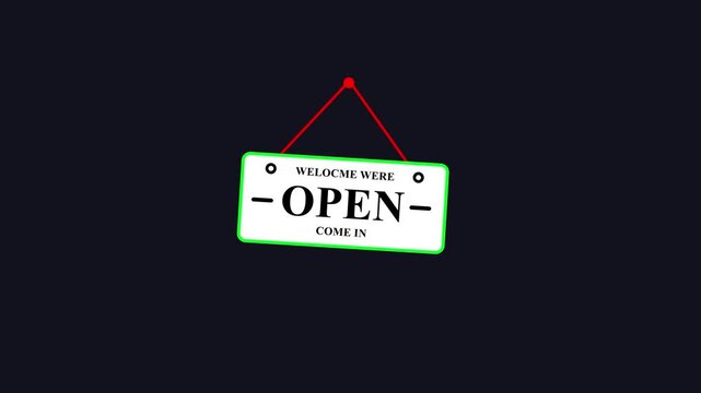 White open sign with green border hanging on red string against dark blue background welcome come in