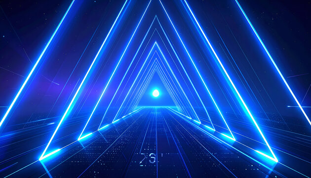 Abstract Neon Blue Triangle Tunnel Futuristic Sci-Fi Background.