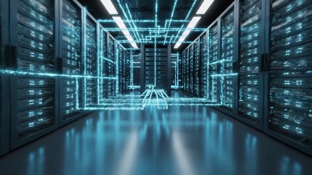 Futuristic high-availability server room with redundant glowing digital pathways and data racks