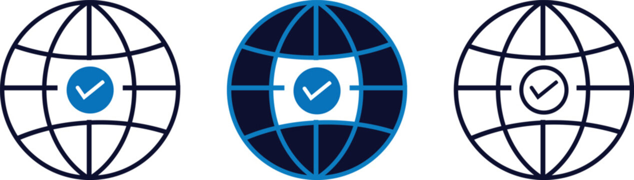 Set of three globe icons with check mark symbols for global verification and internet communication design Vector