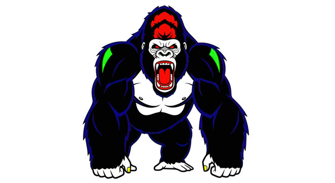 Furious Gorilla Roaring Aggressively, Powerful Ape Illustration, White Background