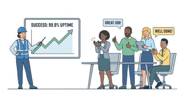 Team Success Celebration Vector Illustration Showing 99.9% Uptime Achievement and Employee Appreciation Concept with Positive Feedback