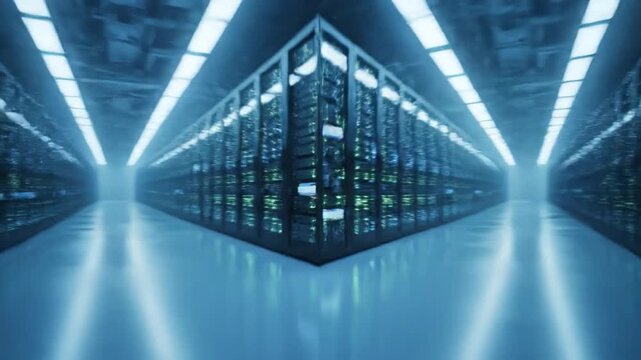 Massive Data Center With Rows of Illuminated Servers and Complex Cabling, Showcasing Advanced Technology