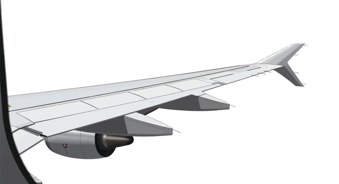 Vector illustration of airplane wing and engine from passenger window view