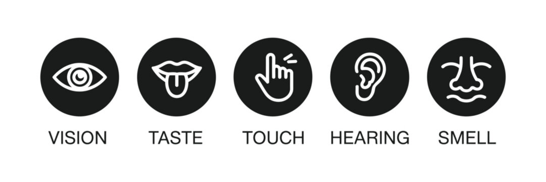 Human senses icon set with ear eye nose lips and hand flat vector minimalist design illustration