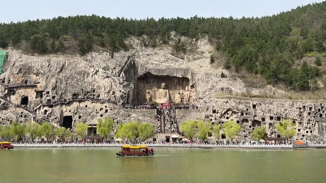 View of Longmen Grottoes From the Opposite Site of Yi River,  Luoyang, Henan, China