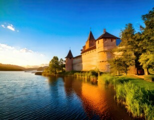 Fototapeta premium Majestic Medieval Castle Reflecting in a Serene Lake at Sunset.