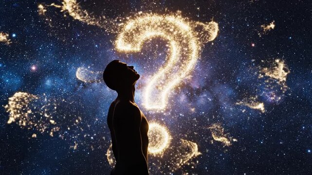 Silhouette of a person with a question mark in space perfect for scenic backgrounds and natural storytelling