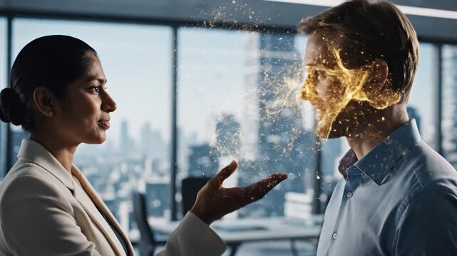 Woman facilitating knowledge transfer visualization to a man in a modern office environment with a city view