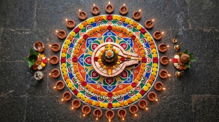 Fototapeta premium Top View Sacred Lingam with Rangoli Pattern and Diya Lights in Symmetrical Ritual Layout
