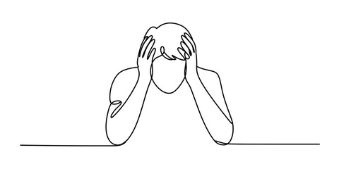 Continuous single line drawing of a stressed person holding head in hands feeling worried and sad about life problems and mental health issues in a minimal style