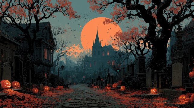 Halloween night in a spooky graveyard with pumpkins and full moon