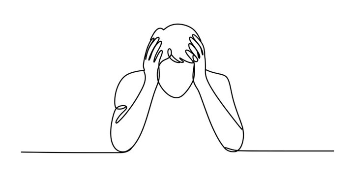 Continuous single line drawing of a stressed person holding head in hands feeling worried and sad about life problems and mental health issues in a minimal style
