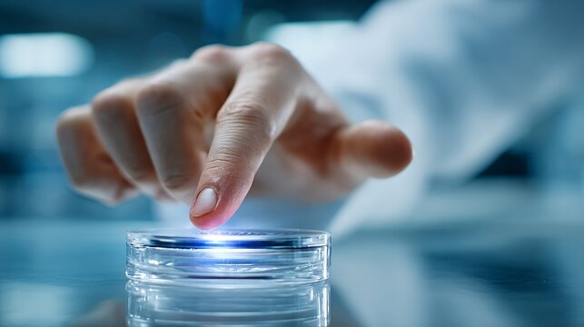 closeup of finger pressing water drop button on glass container, clean hygiene and touchless technology concept