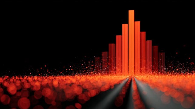 3d red data visualization graph bars rising through digital particles on black background for finance analytics and growth concept