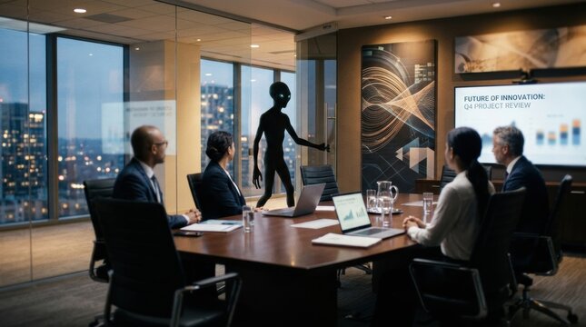 An alien appears in a modern boardroom filled with professionals discussing the future of innovation as they review the Q4 project.