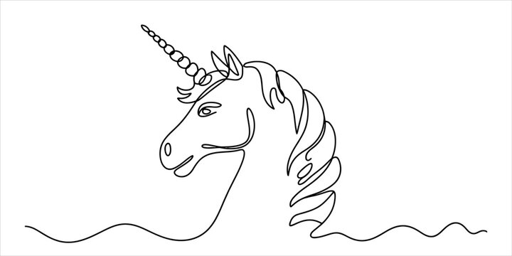 Continuous single line drawing of a magical unicorn head with a horn