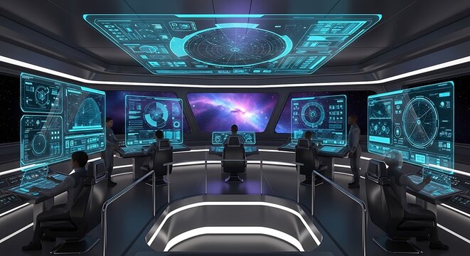 Futuristic Spaceship Bridge with Crew Operating Holographic Displays Showing Star Map and Navigation Data
