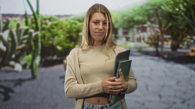 Woman holding book and tablet, grimaces and squints while standing on a paved path among potted cacti in building; frustration doubt.