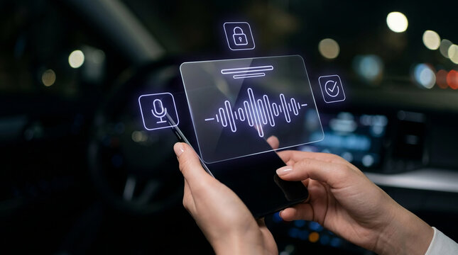 Close-up of a hand holding a transparent smartphone displaying voice command interface with icons for microphone, lock, and checkmark