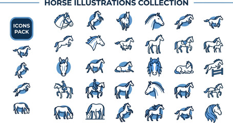 Blue horse illustration collection for ranch branding assets editable stroke vector icon set © Pixel_Forge