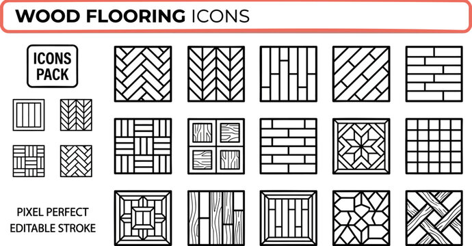 Wood Flooring and Parquet outline icon set. Featuring plank, tile, hardwood, pattern, and texture symbols. Editable stroke vector icons for interior design and floor installation service.