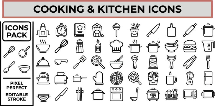 Cooking and Kitchen Tool outline icon set. Featuring pan, knife, spoon, mixer, and cutting board symbols. Editable stroke vector icons for culinary class and kitchen utensil shop design.