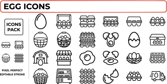 Egg and Poultry Product outline icon set. Featuring crack, yolk, shell, omelette, and chicken egg symbols. Editable stroke vector icons for food market and recipe app interface design.