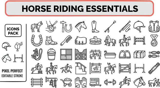 Horse Riding Essential outline icon set. Featuring saddle, helmet, rein, jockey, and stable symbols. Editable stroke vector icons for equestrian club and horseback riding lesson design.