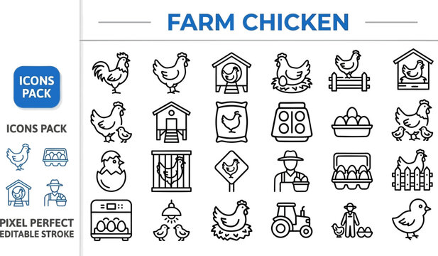 Farm Chicken and Poultry outline icon set. Featuring rooster, hen, chick, egg, and coop symbols. Editable stroke vector icons for poultry farm and chicken business presentation design.