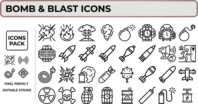 Bomb and Blast Explosive outline icon set. Featuring grenade, dynamite, missile, detonation, and warning symbols. Editable stroke vector icons for military operation and demolition safety design.