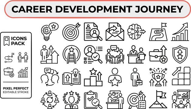 Career Development Journey outline icon set. Featuring growth, promotion, mentorship, training, and goal symbols. Editable stroke vector icons for professional advancement and HR coaching service.