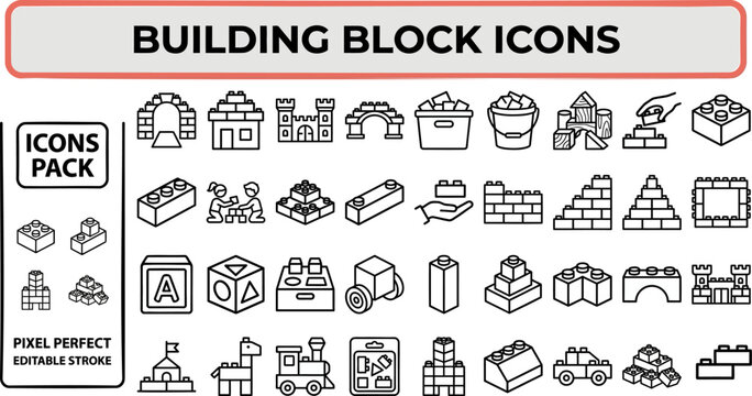 Building Block and Construction outline icon set. Featuring brick, block, house, tower, and structure symbols. Editable stroke vector icons for kid toy design and construction concept.