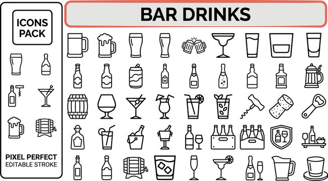 Bar Drink and Cocktail outline icon set. Featuring wine glass, martini, beer mug, whiskey, and shaker symbols. Editable stroke vector icons for bar menu and nightclub beverage design.