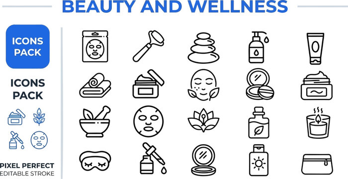 Beauty and wellness line icon collection as minimalist vector illustration isolated on white for spa branding