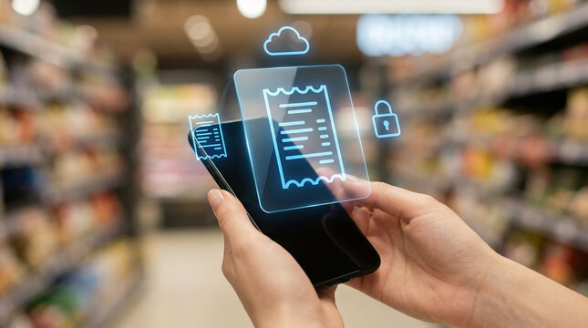 Digital receipt on mobile phone in supermarket, with cloud and security icons symbolizing online payment and data protection