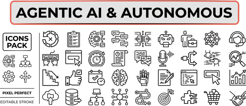 Agentic AI and Autonomous System outline icon set. Featuring AI agent, robot, automation, decision, and machine learning symbols. Editable stroke vector icons for advanced AI technology.