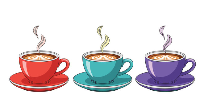 Three colorful cups of hot coffee with latte art patterns and rising steam in red, teal, and purple ceramic mugs.