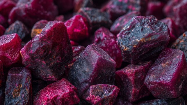 Background of raw ruby stones, rough uncut corundum pieces