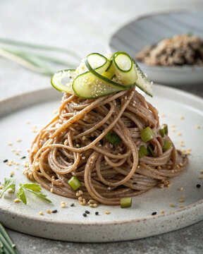 Photorealistic food photography soba noodles buckwheat sesame tamari glossy dressing cucumber ribbons nori seed mix natural daylight minimal stone surface editorial composition