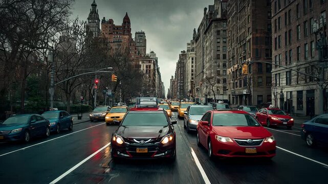 Rush hour traffic on busy city road, dense urban congestion scene
