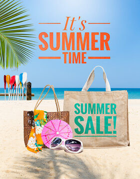 It's summer time banner with summer items on tropical beach, summer season sale