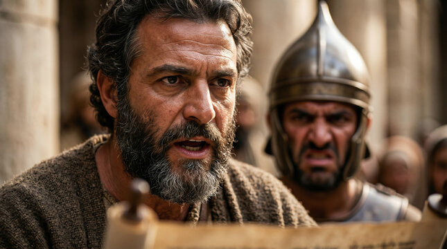 Apostle Peter and John preaching to people in Jerusalem temple court while facing confrontation by Sadducees and guards. Biblical scene from Acts of the Apostles showing faith and conflict 