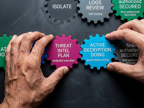 Strategic implementation of digital security protocols through collaborative effort, with hands orchestrating interconnected gears representing a comprehensive cybersecurity defense system