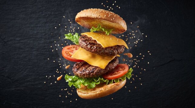 Delicious cheeseburger exploding in air